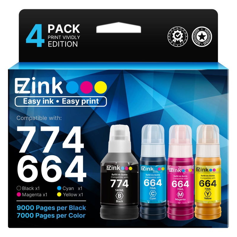 E-Z Ink Remanufactured 774 664 Ink Refill Bottles Replacement for Epson 664 Ink Refill Bottles T774 for L100 ET-3600 ET-2650 ET-4550 ET-16500 ET-4500 ET-2550 ET-2600(Black Cyan Magenta Yellow,4 Pack) - Image 1